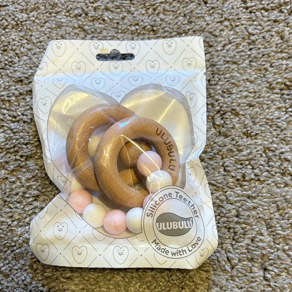 Silicone Teether with Wooden Rings - Pink and White